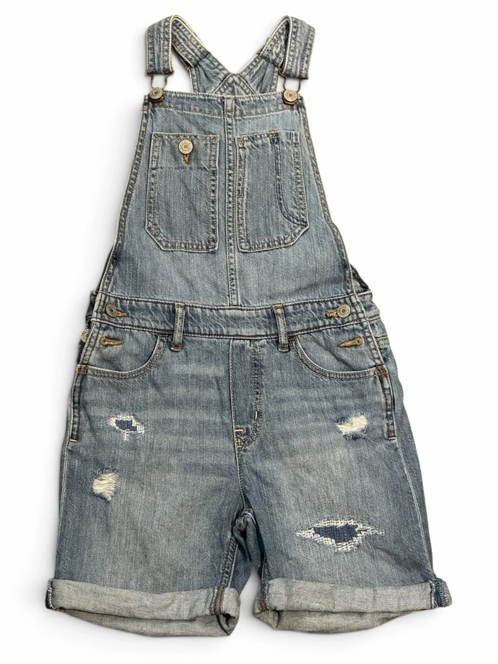 Gap Kids Girls Denim Shortalls Large 10 11 Distressed Jean Overalls 100% Cotton